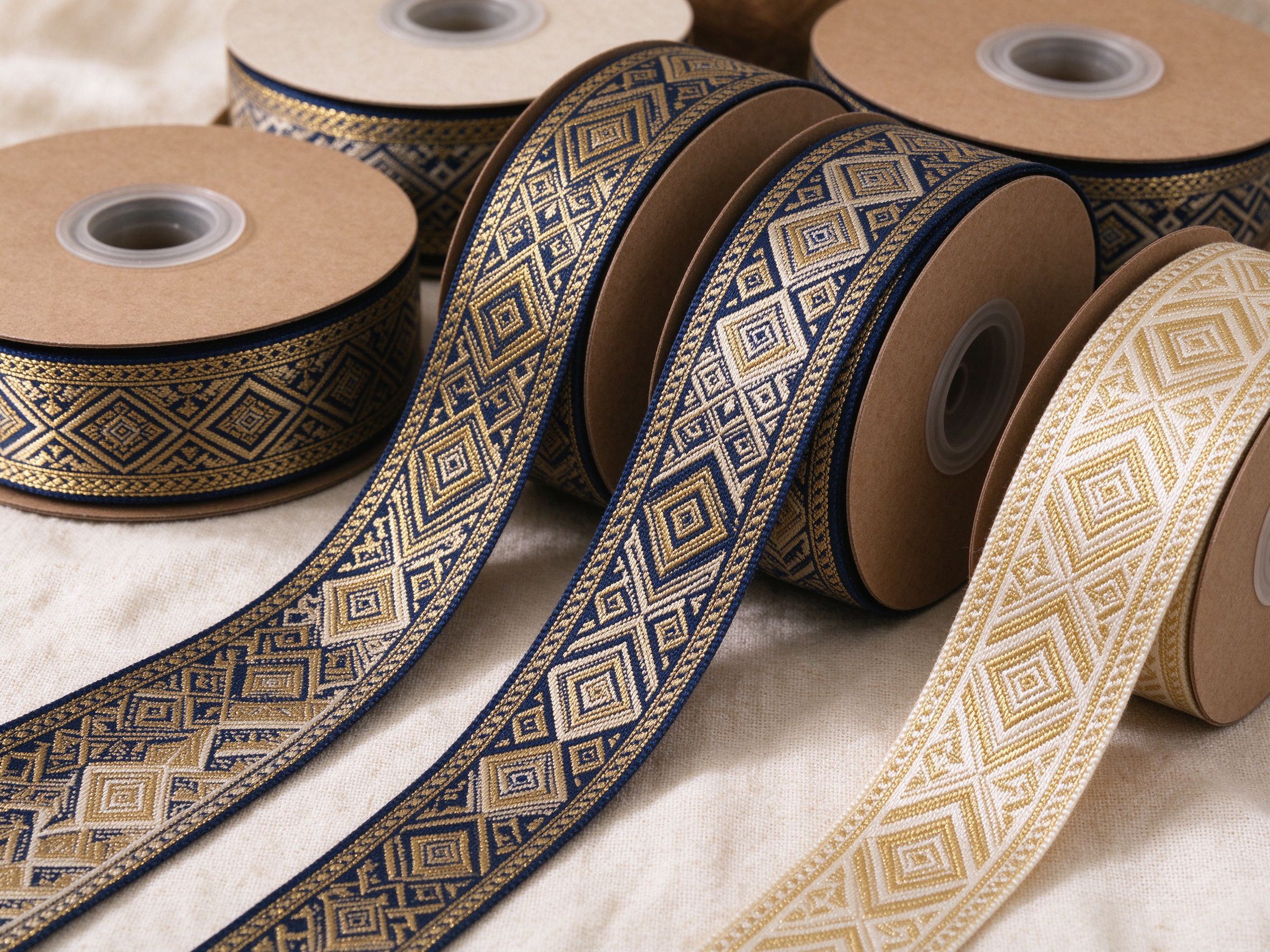 Jacquard ribbon and jacquard webbing with woven patterns